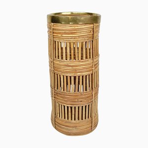 Mid-Century Rattan and Brass Umbrella Stand, Italy 1960s