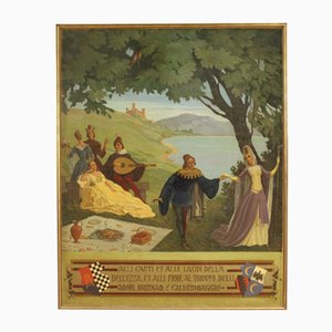 Pintura de paisaje italiana con personajes, siglo XX, óleo sobre masonita, enmarcado