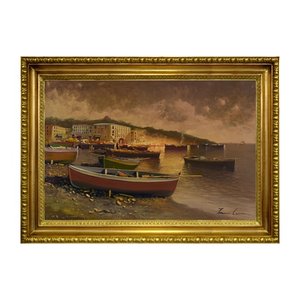 Paisaje al atardecer y marino con barcos, Italia, años 80, óleo sobre lienzo, enmarcado