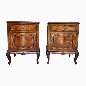 French Louis XV Style Walnut & Marquetry Bedside Tables, Set of 2