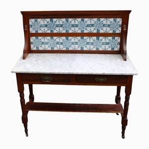 Mahogany Washstand With Marble & Blue Tiles, 1920s