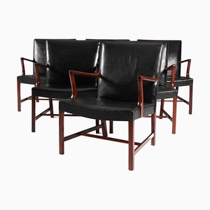 Armchairs in Mahogany and Leather by Hans J. Wegner, 1950s, Set of 6