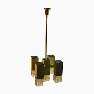 Lampadario cubico in vetro ambrato e metallo di Stilnovo