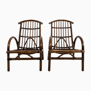 Italian Bamboo Armchairs with Longhi Rattan Footrest, 1970s, Set of 2