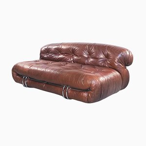 Mid-Century Italian Soriana Sofa in Brown Leather by Afra & Tobia Scarpa for Cassina, 1970