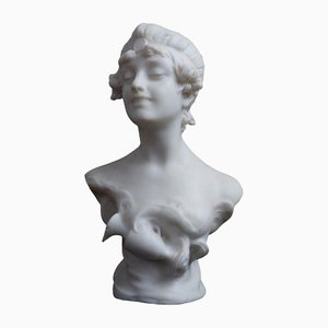 Antique Sculpture in White Marble Statuary Depicting Bust of Girl by Pugi