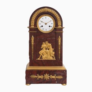 Antique French Directory Clock in Red Marble with Gold Bronze Applications, 19th Century