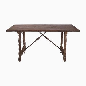 Antique Fragin Table in Solid Walnut with Forged Iron Crosspieces, Tuscany
