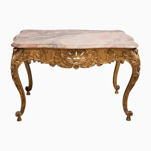 Mesa de centro francesa Napoleón III antigua de madera dorada y tallada