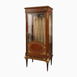Antique Napoleon III French Mahogany Showcase with Gold Bronze Applications and Marble Top
