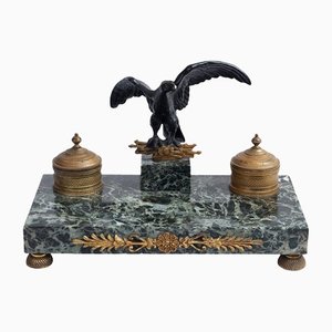 Antique French Empire Green Marble Inkwell with Bronze Applications