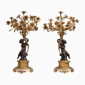 Antique Candle Holders in Golden Bronze, Set of 2