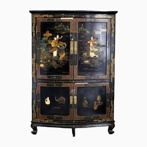 Chinese Corner Cabinet in Black Lacquer & Dyed Soapstone