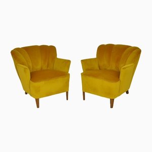 Vintage Yellow Velvet Armchairs, 1960s, Set of 2