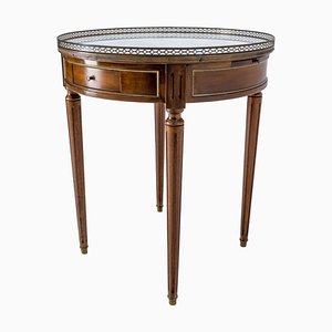 Louis XVI Style Bouillotte Brass Marble Leather & Walnut Table, French, 1960