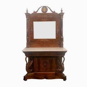 Console & Mirror in Inlaid Walnut with Brass Hardware, Set of 2
