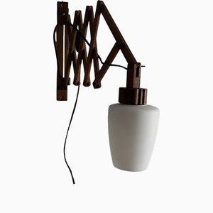 Vintage Pull-Out Field Frame in Teak with White Opaque Glass Umbrella Wall Lamp, 1960s
