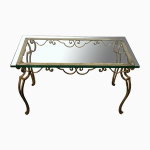 Golden Wrought Iron Coffee Table with Volutes Decor and Glass Tray, 1950s