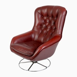 Scandinavian Leather & Chrome Base Swivel Lounge Chair, 1970s