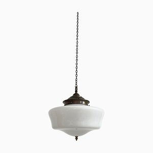 Vintage Brass & Opaline Milk White Glass Ceiling Pendant Light