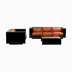 Saratoga Living Room Set in Black and Cognac Leather by Massimo and Vignelli, Set of 3