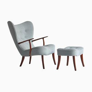 Danish Prague Lounge Chair with Ottoman from Madsen & Schubell, 1950, Set of 2