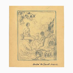 André Meaux Saint-Marc, Bather, Original Pencil Drawing, Early 20th-Century