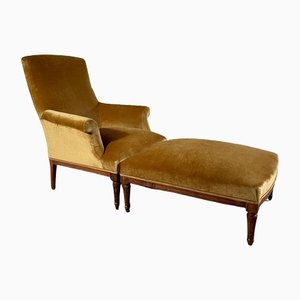 Antique French Napoleon III Lounge Chair with Footstool in Gold Velvet, 1840