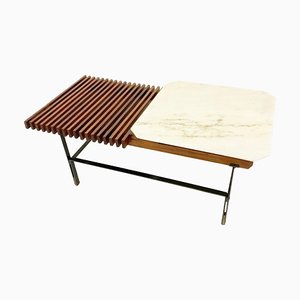 Mid-Century Modern Italian Wooden Slatted Seat with Marble Side Table, 1960s