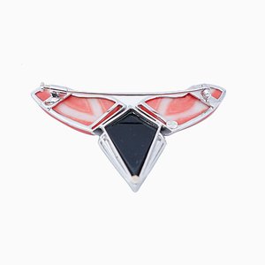 18K White Gold Brooch with Coral and Diamonds