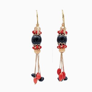 18K Yellow Gold Dangle Earrings with Coral and Onyx