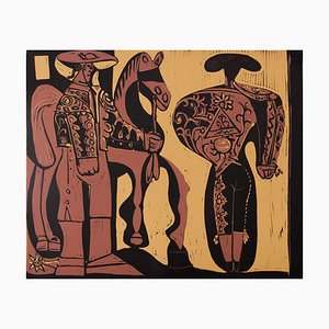 Nach Pablo Picasso, Akt und Gitarrist, 20. Jh., Linolschnitt