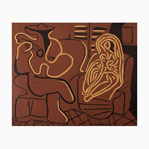 Nach Pablo Picasso, Akt und Gitarrist, 20. Jh., Linolschnitt