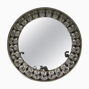 Round Mid-Century Modern Backlit Metal Wall Mirror with Crystal Glass Flowers