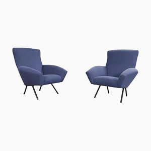 Mid-Century Modern Italian Lounge Chairs in Blue Fabric, 1960s, Set of 2