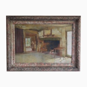 Interior Scene with Fireplace, 19th-Century, Oil on Canvas, Framed