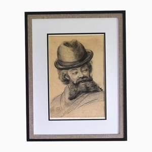 Bearded Gent, 19th-Century, Charcoal on Paper, Framed