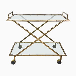 Faux Bamboo Brass & Smoked Glass Serving Cart from Rue Royale, France, 1960s