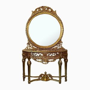 Mesa consola grande de madera dorada tallada con tablero de mármol y espejo redondo