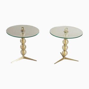 Gueridons with Round Crystal Tops and Brass Structure, Set of 2