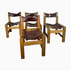 French Elm and Leather Chairs from Maison Regain, 1970s, Set of 4