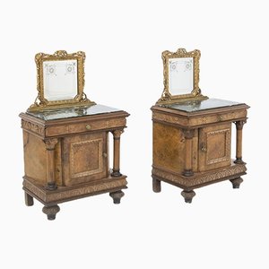 Nightstands with Mirrors in Wood and Green Alps Marble, Set of 2