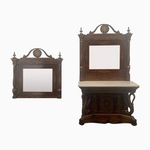 Mirror Console and Fireplace with Brass Inlays and Small Parts, Set of 3