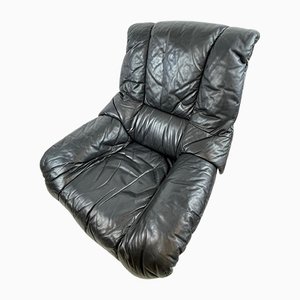 Vintage Italian Black Leather Swivel Chair