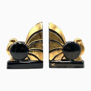 Art Deco Black & Gold Bird Bookends from Saint Clément, France, 1920s
