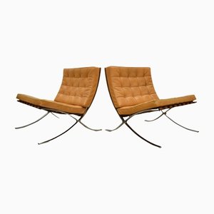 Vintage Cognac Barcelona Chairs by Mies Van Der Rohe for Knoll International, 1980s, Set of 2