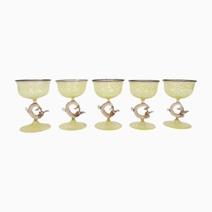 Deutsche handgefertigte deutsche Art Deco Champagnergläser mit fischförmigen Stielen von Lauscha Glashütte, 1920er, 5er Set
