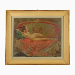 Emil Bayes (Emile Baes), desnudo en un canapé, siglo XX, óleo sobre tabla
