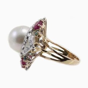 Diamant, Rubin, Smaragd, Perle & Gold Ring