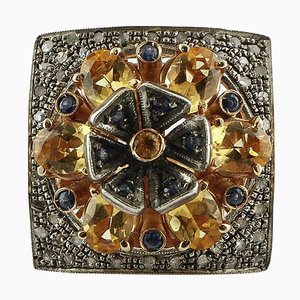 Diamond, Blue and Yellow Sapphire, Rose Gold & Silver Fashion Ring